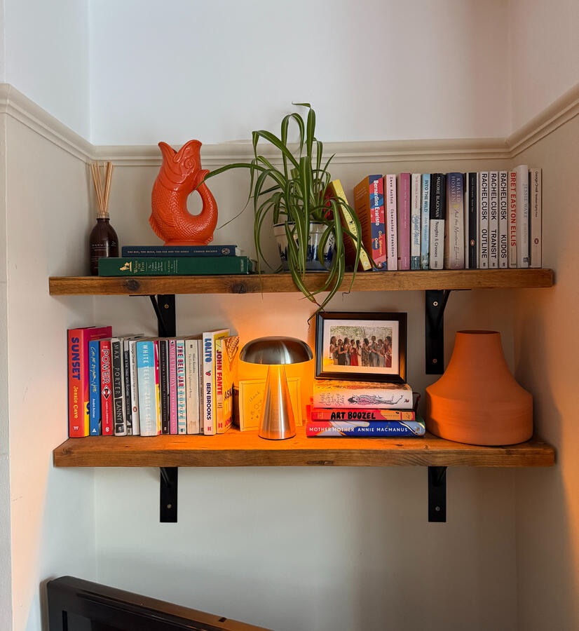 Scaffold Board Shelves cut, oiled and hung